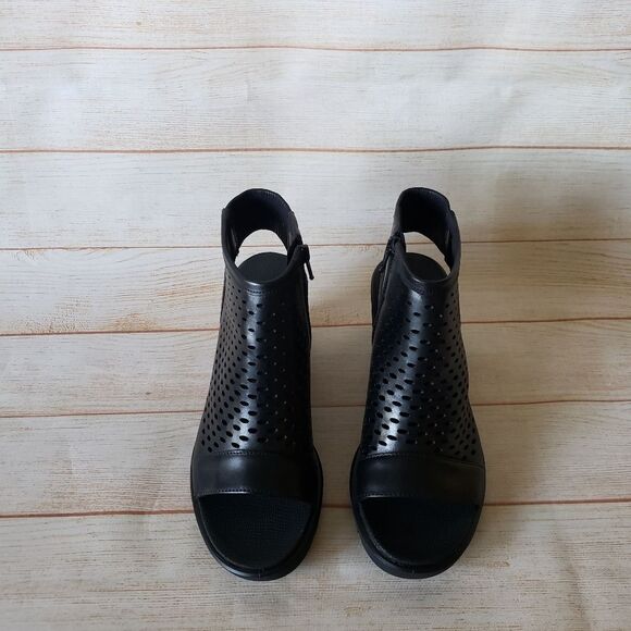 ECCO Freja Wedge Leather Sandal Bootie Ankle Boot Open Toe Laser Cut Black - Picture 5 of 16